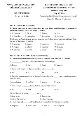 Đề thi chọn học sinh giỏi cấp thành phố Tiếng Anh Lớp 9 - Năm học 2014-2015 - Phòng GD & ĐT Thanh Hóa (Có đáp án)